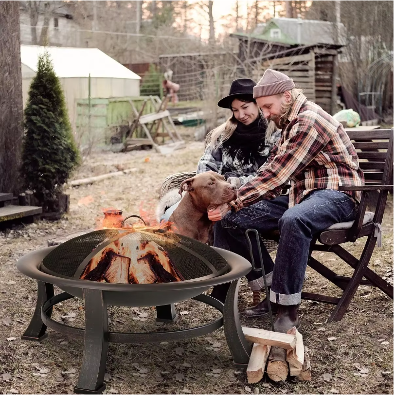 Feuerschale, 76,2 cm runde Feuerstelle mit Grill, Kochrost, Funkenschutz