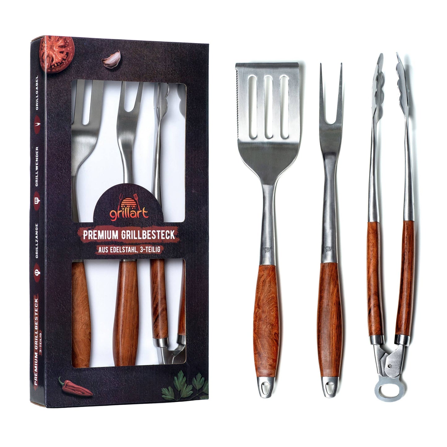 grillart® - Premium Grillbesteck Set, 3-teilig aus hochwertigem Edelstahl