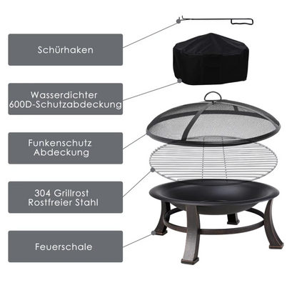 Feuerschale, 76,2 cm runde Feuerstelle mit Grill, Kochrost, Funkenschutz