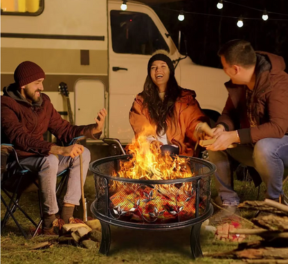 Garten Feuerschalen, Feuerkorb mit Funkenschutz ø 71cm, Kamin Retro-Look, inkl. Poker & Holzkohle-Rost